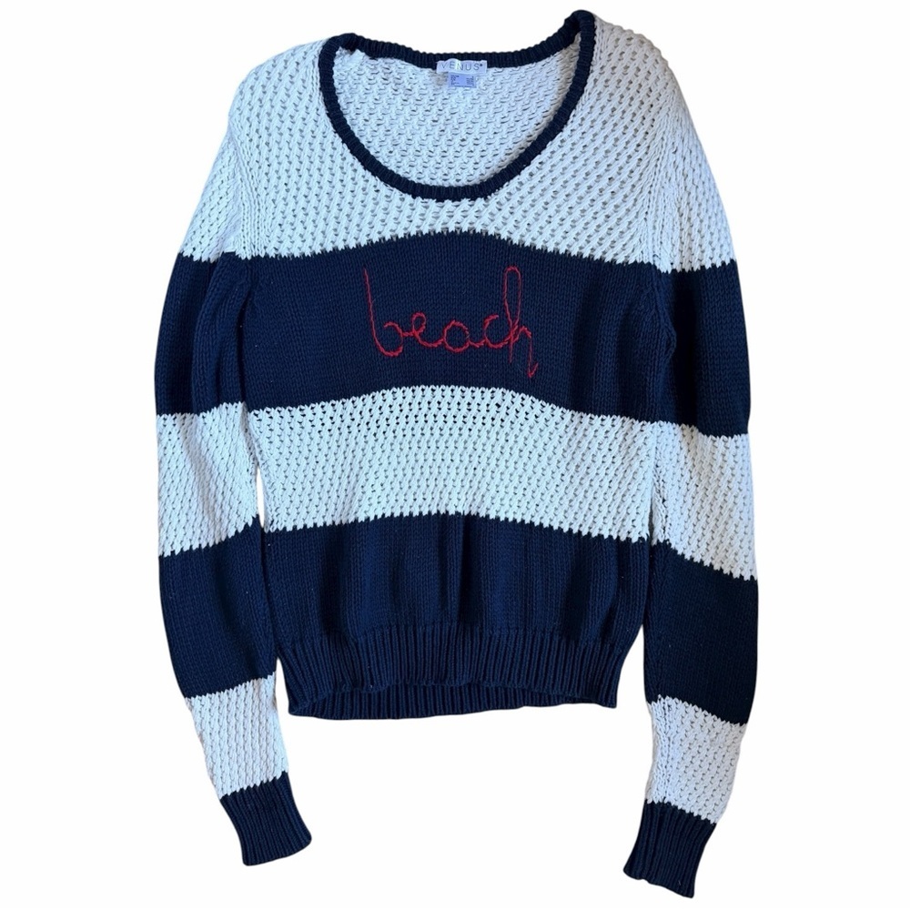 Venus Nautical Navy & White Striped “Beach” Sweater Size Small 100% Cotton
